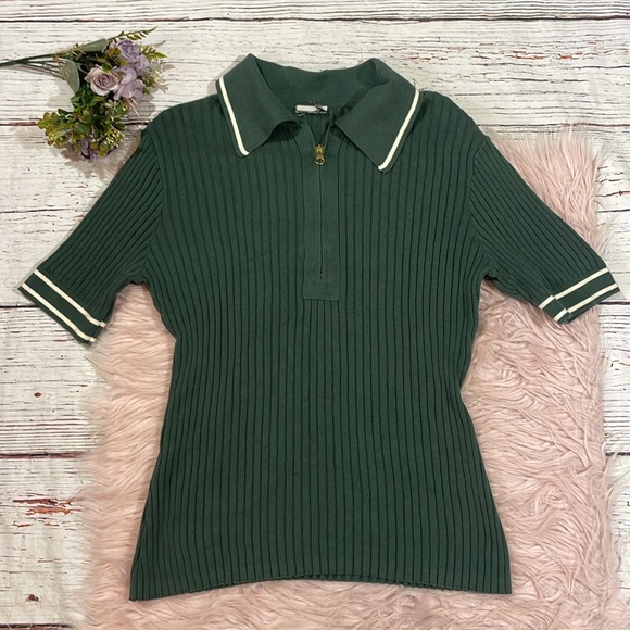 Varley Green Ribbed Napier Fitted Knit Polo Top - Picture 2 of 8